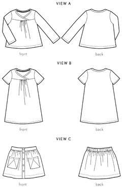 digital hopscotch skirt, knit top, + dress sewing pattern